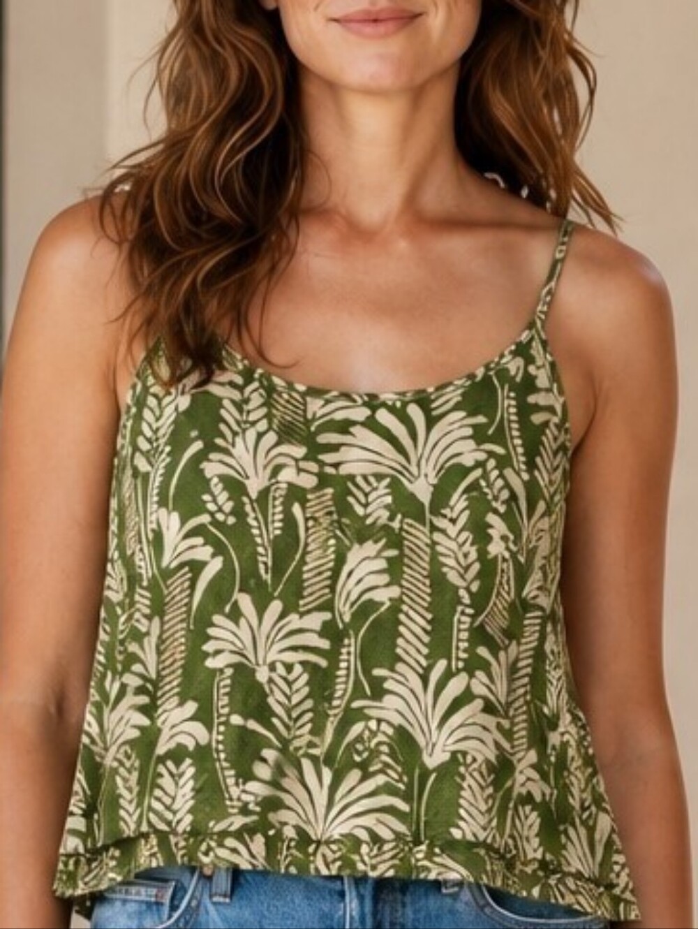 CAbi Balcony Cami Medium Olive Green Tropical Botanical Layered Tank Top